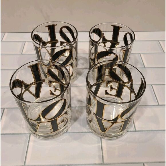 CERA MCM Glass Old Fashioned Rocks Glasses Cocktail Black & Gold 'LOVE' Set of 4 - Picture 5 of 16